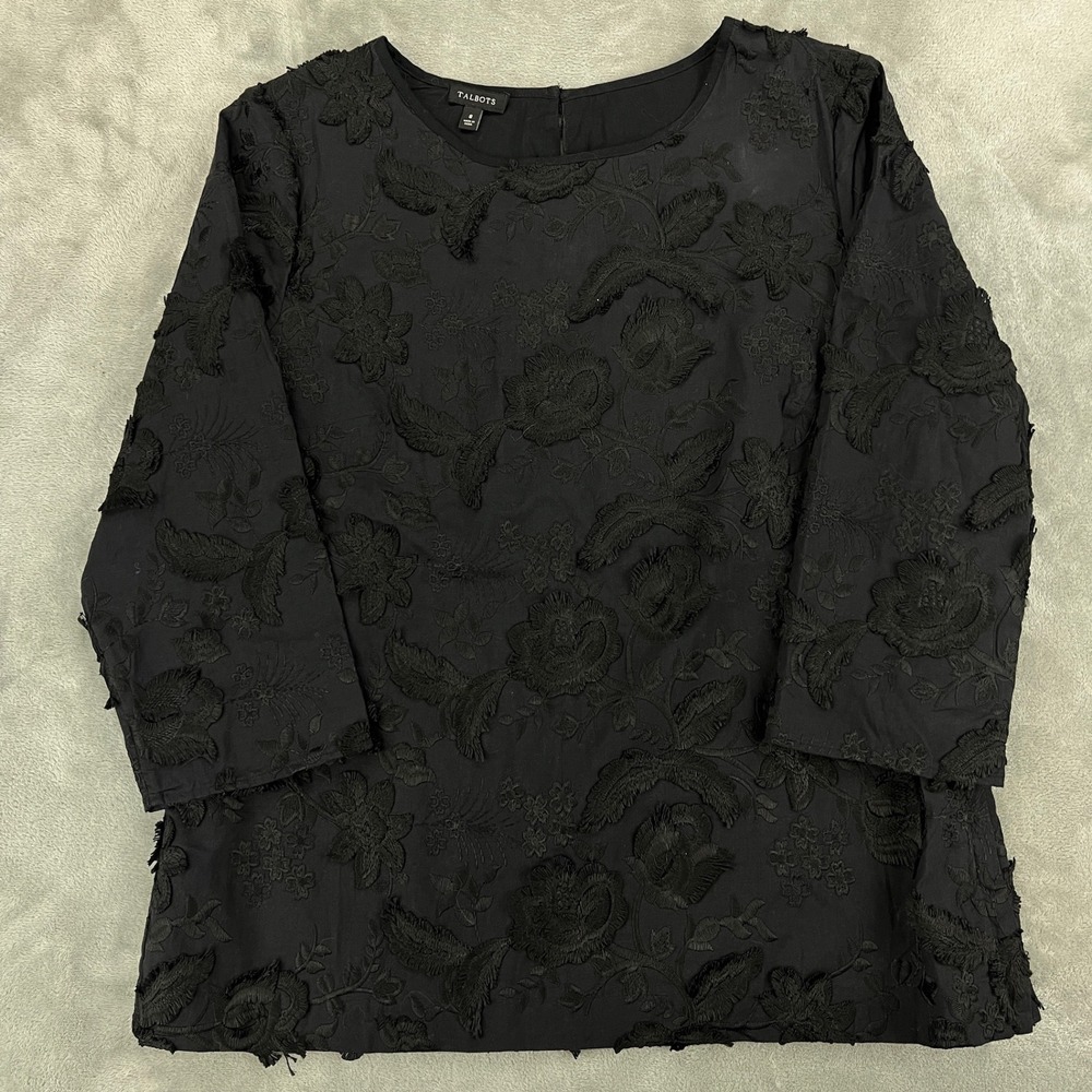 Talbots Black Floral Embroidered 3/4 Sleeve Blouse NWOT Top Size 8 Cotton Lined